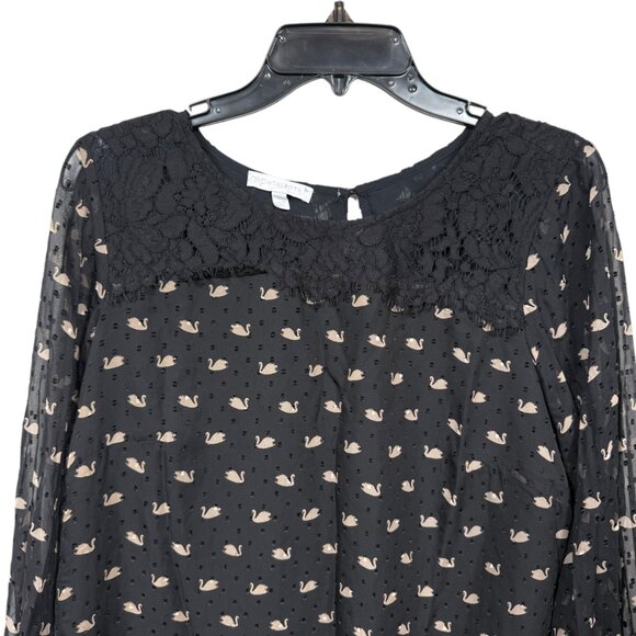 RSVP by Talbots Fancy Swans Print Top Medium Black Tan Dotted Lace Semi Sheer - Picture 5 of 11